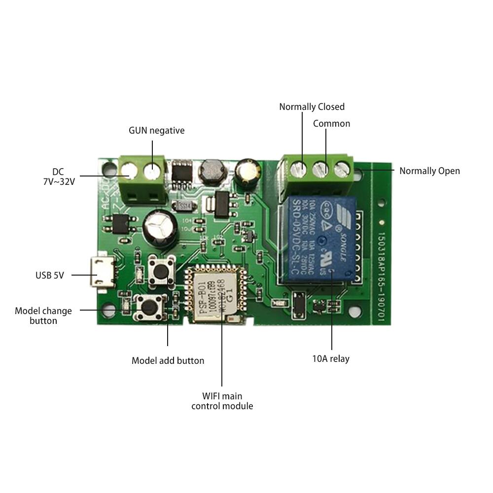 Modulo Interruttore Relè WiFi 1 Canale Autobloccante – Compatibile USB 5V / DC 7-32V, Controllo APP Android/iOS